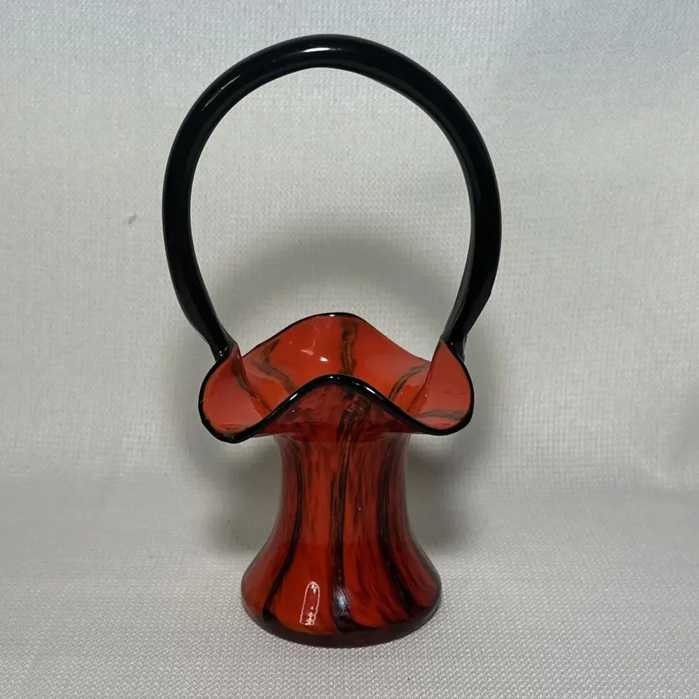 Vintage Czech Tango Art Glass Basket Vase Orange Black